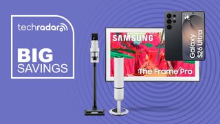 A Samsung TV, phone and vacuum on a violet background and a big savings banner