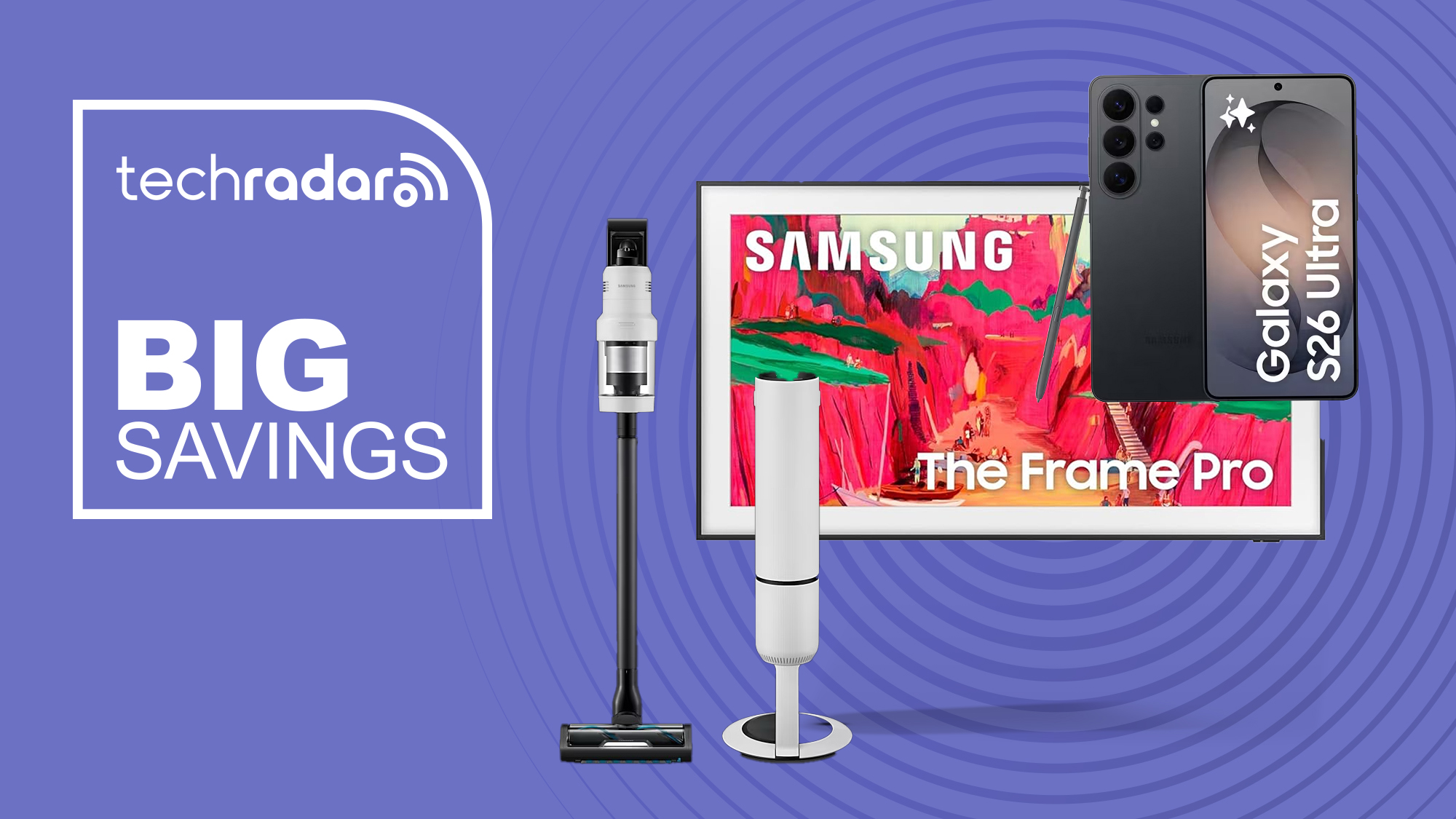 A Samsung TV, phone and vacuum on a violet background and a big savings banner