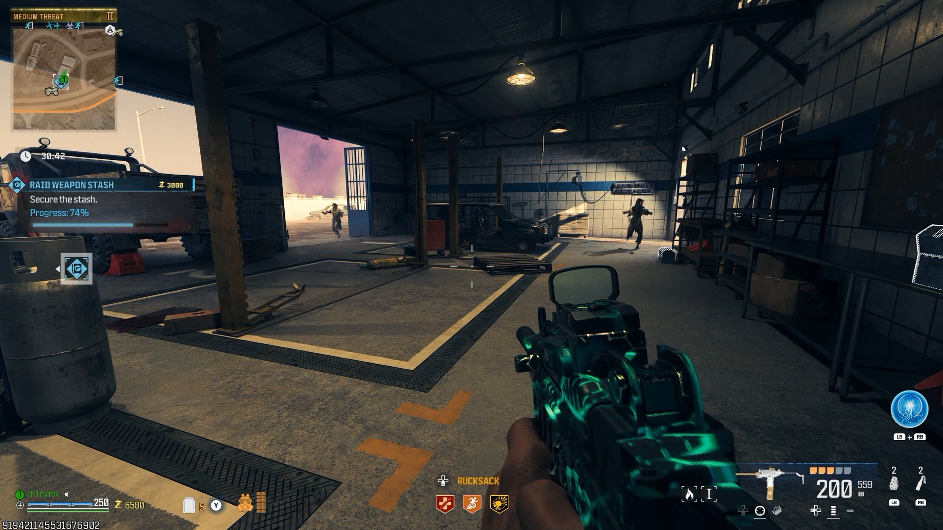 A screenshot from Call of Duty: Modern Warfare 3 Zombies showing a Raid Stash contract in progress with a tier 1 Pack-a-Punch weapon.