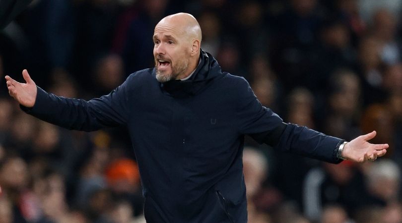 Manchester United manager Erik ten Hag gestures during his side&#039;s Champions League clash against FC Copenhagen in October 2023.