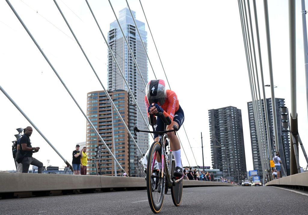 ROTTERDAM NETHERLANDS AUGUST 13 Demi Vollering of The Netherlands and Team SD Worx Protime sprints during the 3rd Tour de France Femmes 2024 Stage 3 a 679km individual time trial stage from Rotterdam to Rotterdam UCIWWT on August 13 2024 in Rotterdam Netherlands Photo by Dario BelingheriGetty Images