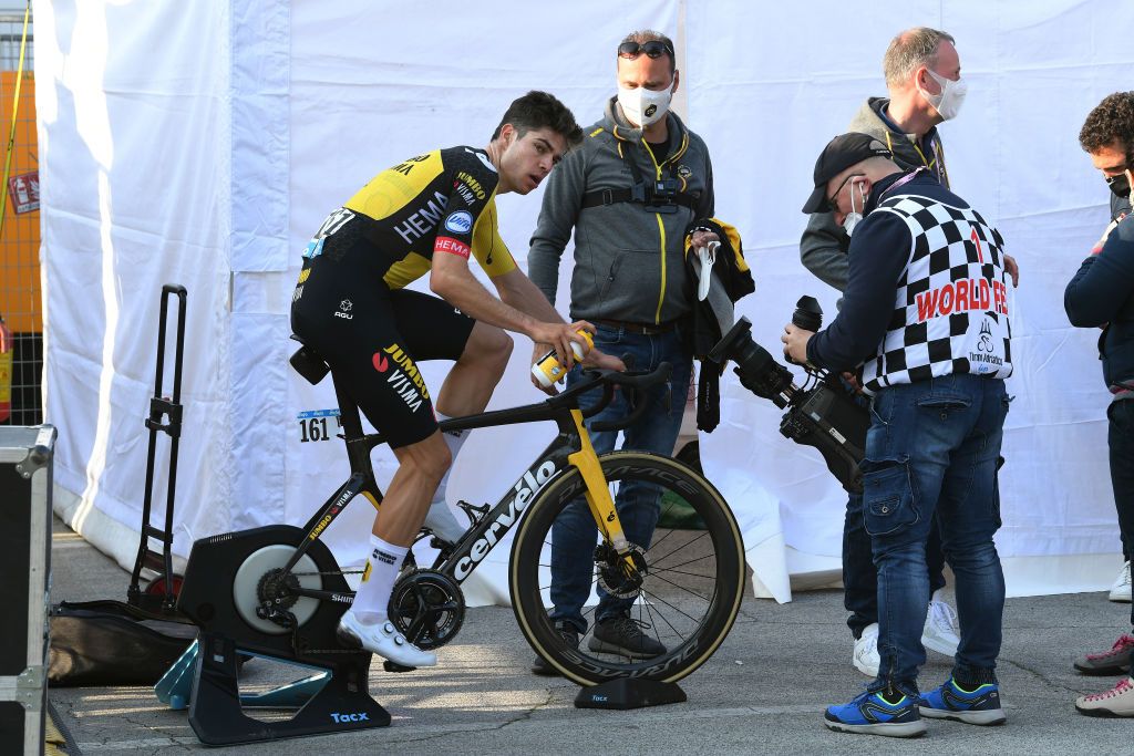 LIDO DI CAMAIORE ITALY MARCH 10 Arrival Wout Van Aert of Belgium and Team Jumbo Visma during the 56th TirrenoAdriatico 2021 Stage 1 a 156km stage from Lido di Camaiore to Lido di Camaiore Cooling Down Tacx Rollers TirrenoAdriatico on March 10 2021 in Lido di Camaiore Italy Photo by Tim de WaeleGetty Images