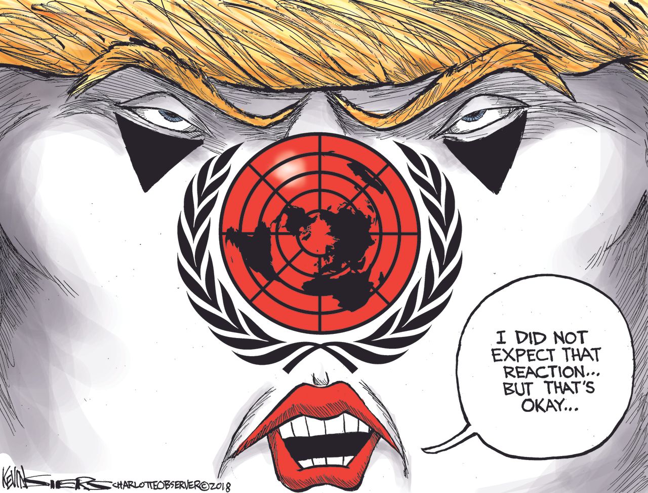 Political cartoon U.S. Trump United Nations speech laughter clown