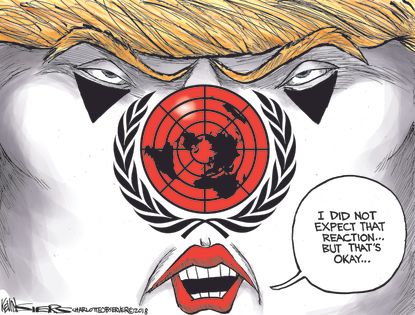 Political cartoon U.S. Trump United Nations speech laughter clown