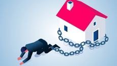Illustration of a man on the ground whose leg is chained to his house
