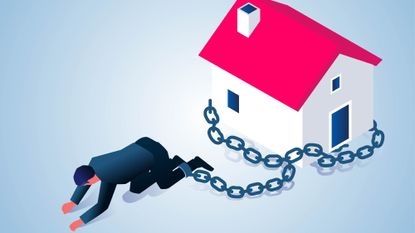 Illustration of a man on the ground whose leg is chained to his house
