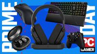 A collection of gaming headsets, gaming mice, gaming keyboards, and earbuds on a blue and red background with Prime Day text running down the sides and the PC Gamer logo in the bottom right
