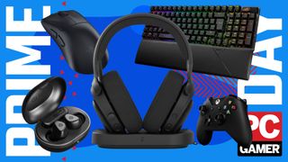 A collection of gaming headsets, gaming mice, gaming keyboards, and earbuds on a blue and red background with Prime Day text running down the sides and the PC Gamer logo in the bottom right