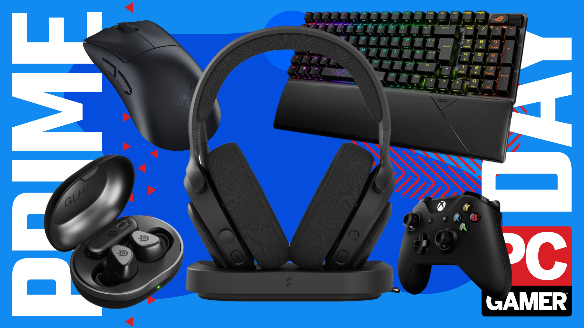 A collection of gaming headsets, gaming mice, gaming keyboards, and earbuds on a blue and red background with Prime Day text running down the sides and the PC Gamer logo in the bottom right