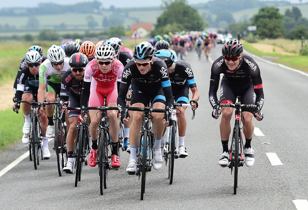 Andrew Fenn looks to break the peloton in the cross winds