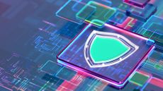 An abstract CGI visualization of a shield shape on a semi-transparent, multicolored surface resembling a computer processor, to represent application security.