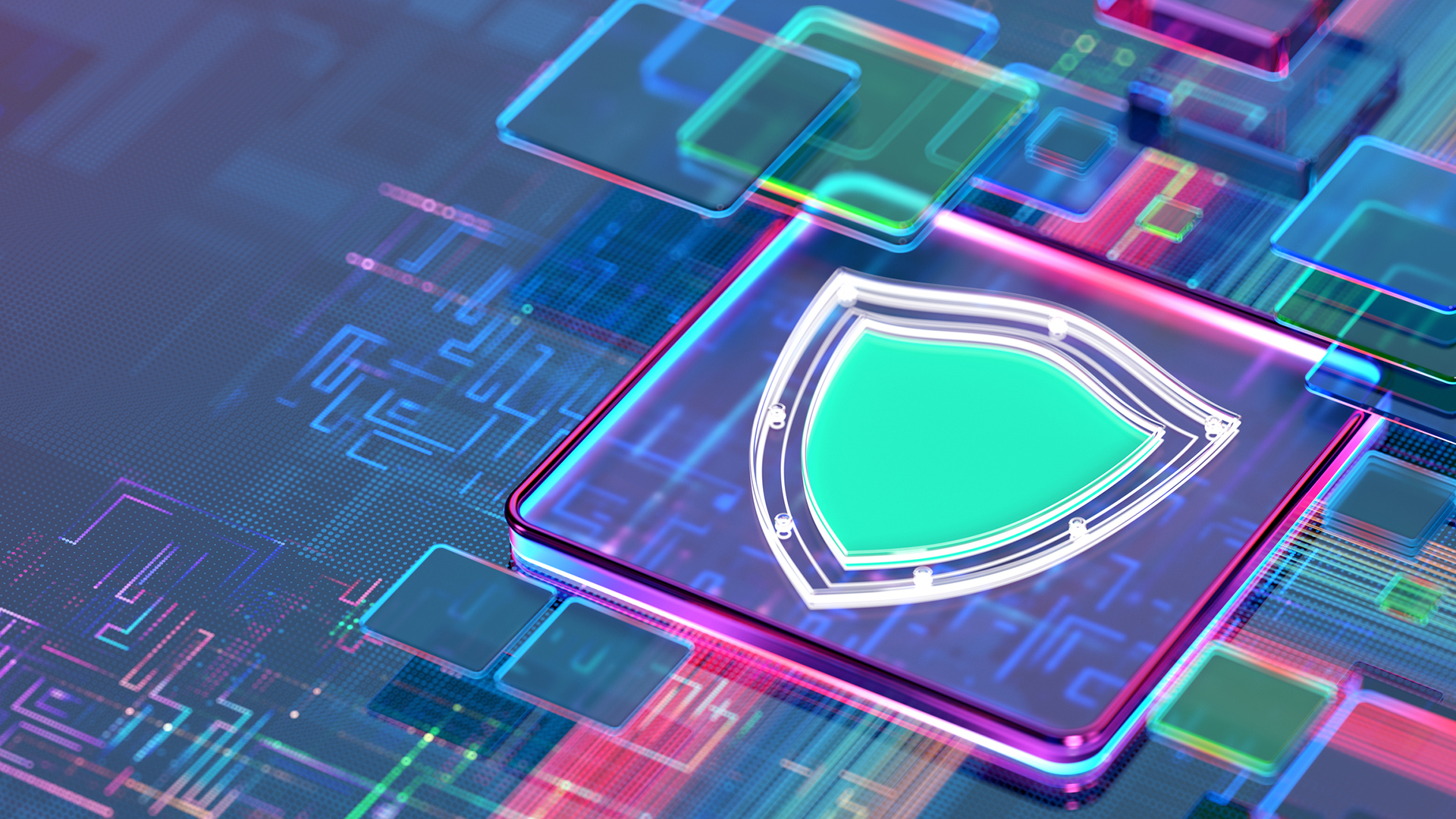 An abstract CGI visualization of a shield shape on a semi-transparent, multicolored surface resembling a computer processor, to represent application security.