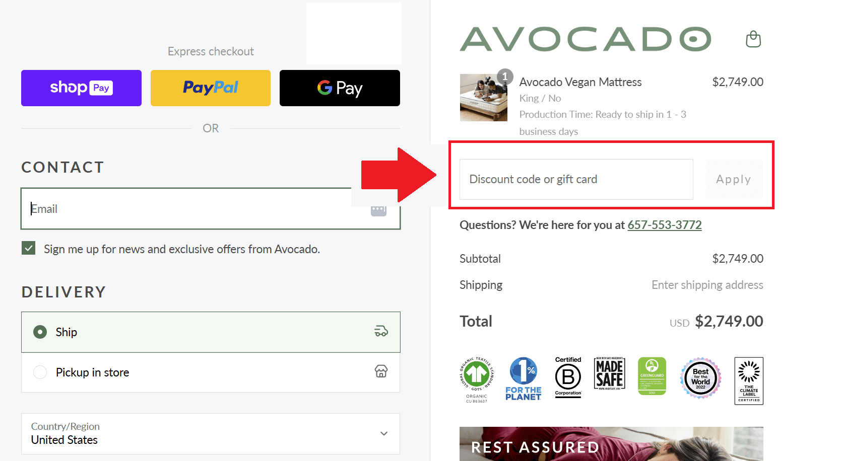 A screenshot of the Avocado mattress checkout screen showing where to enter your promo code