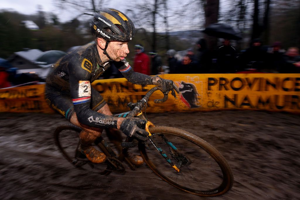 NAMUR BELGIUM DECEMBER 22 Lars Van Der Haar of The Netherlands and Team Telenet Baloise Lions Mud during the 11th Namur World Cup 2019 UCICX TelenetUCICXWC on December 22 2019 in Namur Belgium Photo by Luc ClaessenGetty Images