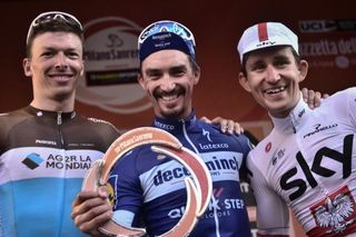 The 2019 Milan-San Remo podium (L-R) Oliver Naesen (AG2R La Mondiale), Julian Alaphilippe (Deceuninck-QuickStep), Michal Kwiatkowski (Team Sky)