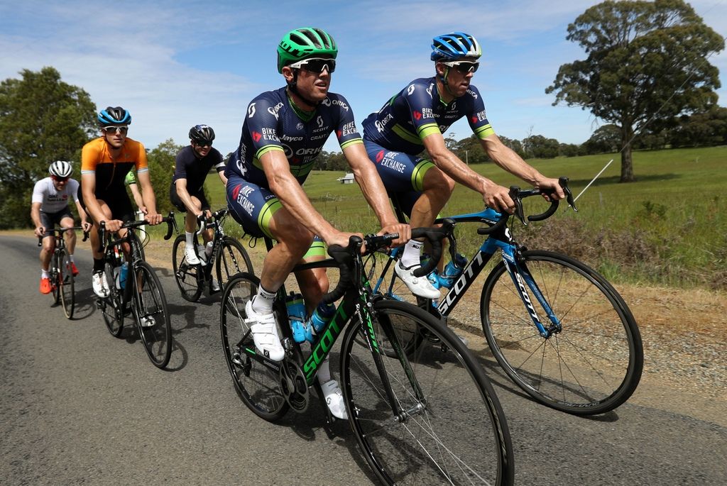 Simon Gerrans and Mat Hayman lead one of the groups during the ride