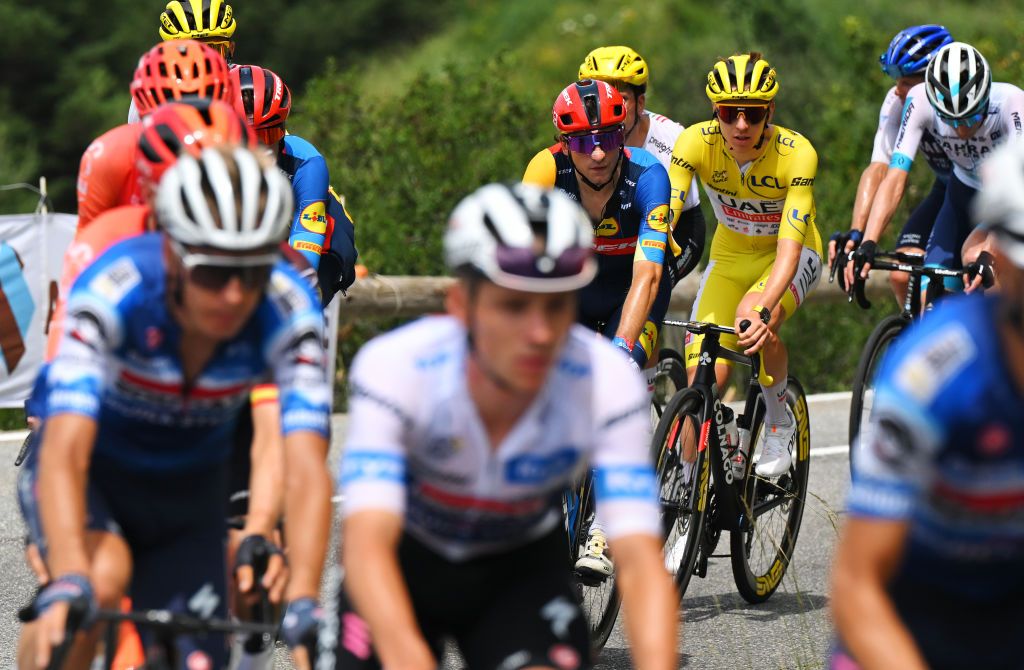 ISOLA 2000 FRANCE JULY 19 LR Giulio Ciccone of Italy and Team Lidl Trek and Tadej Pogacar of Slovenia and UAE Team Emirates Yellow Leader Jersey compete during the 111th Tour de France 2024 Stage 19 a 1446km stage from Embrun to Isola 2000 2022m UCIWT on July 19 2024 in Isola 2000 France Photo by Tim de WaeleGetty Images