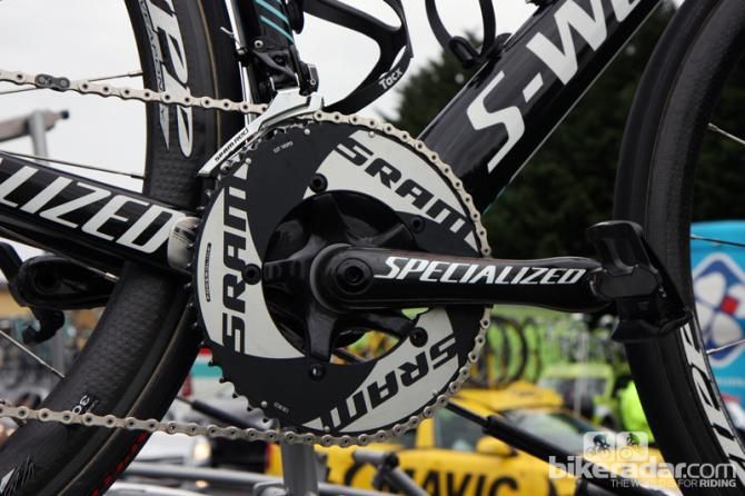In addition to supplying the framesets, Specialized also outfits Omega Pharma-QuickStep's team bikes with its own carbon fiber crankarms.