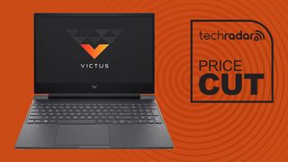 HP Victus 15 Gaming Laptop AMD Ryzen 7 RTX 4050 on orange background with TechRadar price cut sign