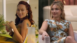 Olivia Wilde on left in a yellow dress. Florence Pugh in a blue dress sitting on the right. Both in the film Don't Worry Darling.