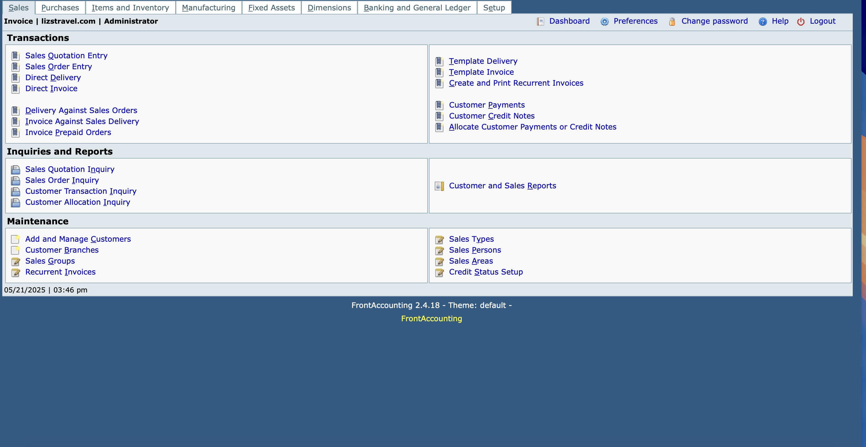 Screenshot of FrontAccounting main page.
