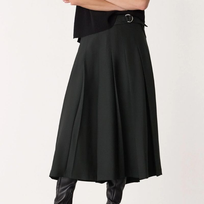 Black Wool Blend Pleated Kilt Skirt on model