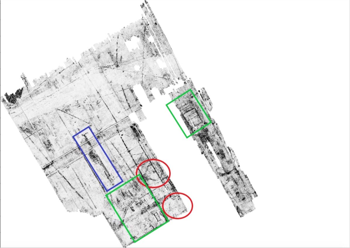 The two red circles are likely the viewing towers, according to ground-penetrating scans.