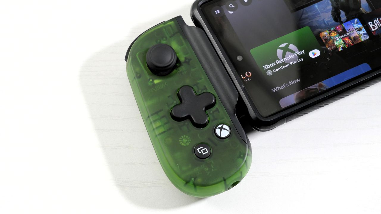 Backbone One Xbox mobile controller, highlighting the left controller with the d-pad, analog stick, and Xbox/menu buttons.