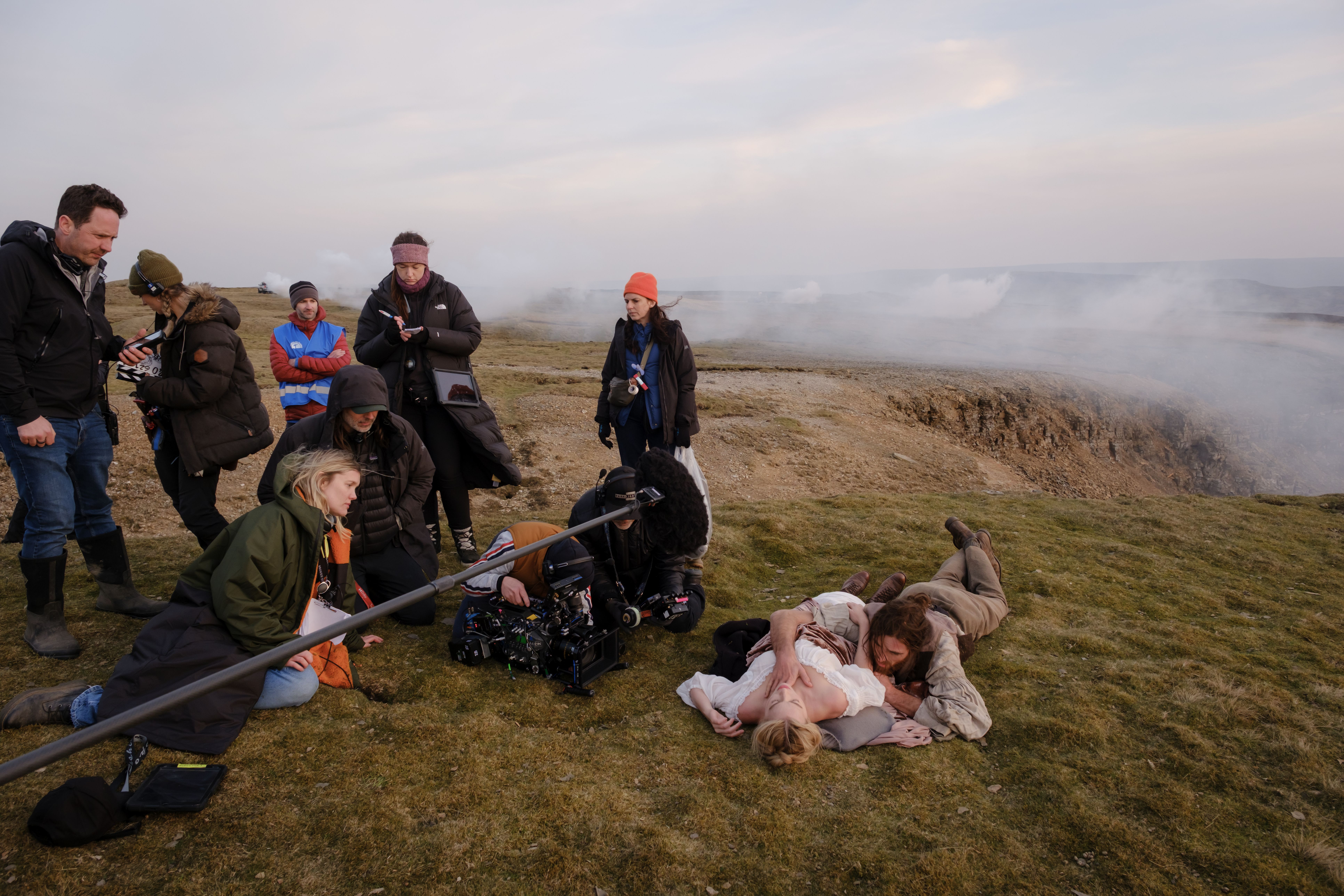 Director, Writer, Producer Emerald Fennell, Cinematographer Linus Sandgren, Actor, Producer Margot Robbie and Jacob Elordi on the set of &amp;lsquo;Wuthering Heights,&amp;rsquo; a Warner Bros. Pictures Release