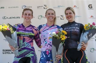 All smiles for stage winner Peta Mullens (Roxsolt Attaquer) and her breakaway companions Natalie Redmond and Romy Kasper after the trio lapped the field on day 3 of the 2019 Lexus Blackburn Bay Crits