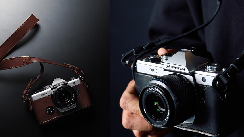 ROBERU OM-3 genuine leather holder & LeonCS strap set and OM System OM-3 lifestyle images on a black background