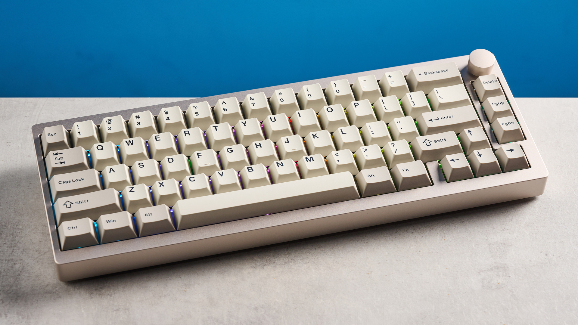 A khaki Epomaker P65 mechanical keyboard with linear switches