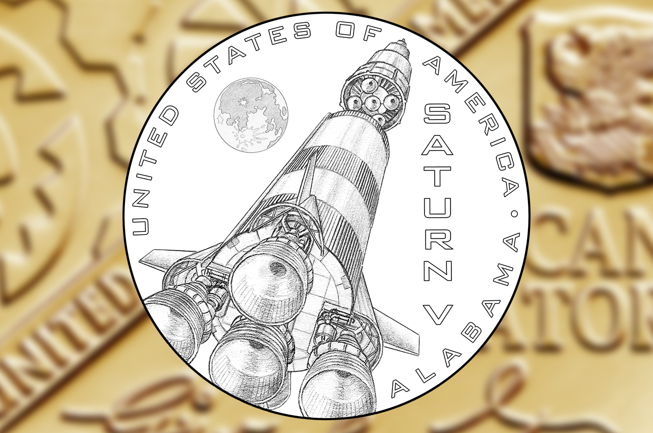 The second of two preferred candidate designs for Alabama's 2024 American Innovation $1 Coin honoring NASA's Saturn V rocket, as selected by the state's governor.