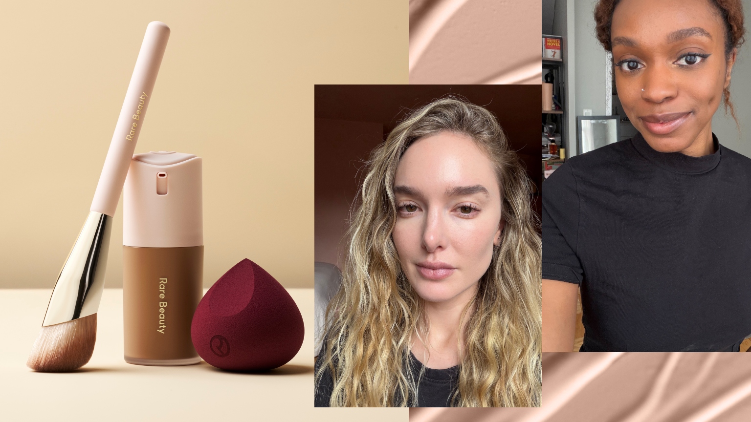 a close-up of a foundation product glass bottle with a pink makeup brush and red sponge, next to two women with smooth, even skin tone on a cream backdrop