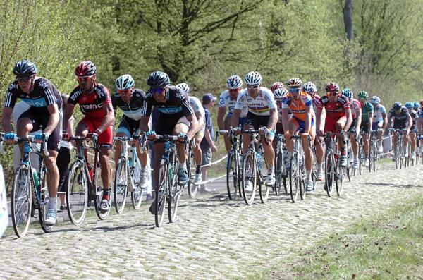 Many of the pre-race favourites ride together at the head of the peloton in the Arenberg Forest.