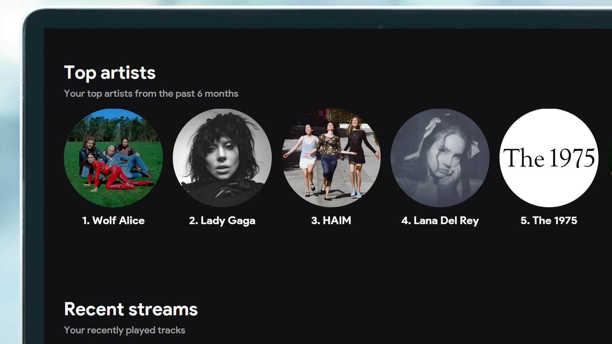 A laptop screen showing music artists in Stats.fm