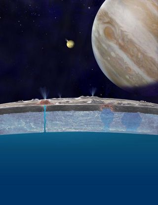 Based on new evidence from Jupiter's moon Europa, astronomers hypothesize that chloride salts bubble up from the icy moon's global liquid ocean and reach the frozen surface where they are bombarded with sulfur from volcanoes on Jupiter's moon Io.