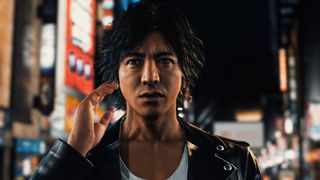 Judgment - Yagami stands on a city street, looking above