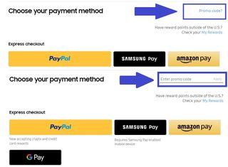 A screenshot showing the Samsung checkout page with instructions on how to redeem samsung promo codes