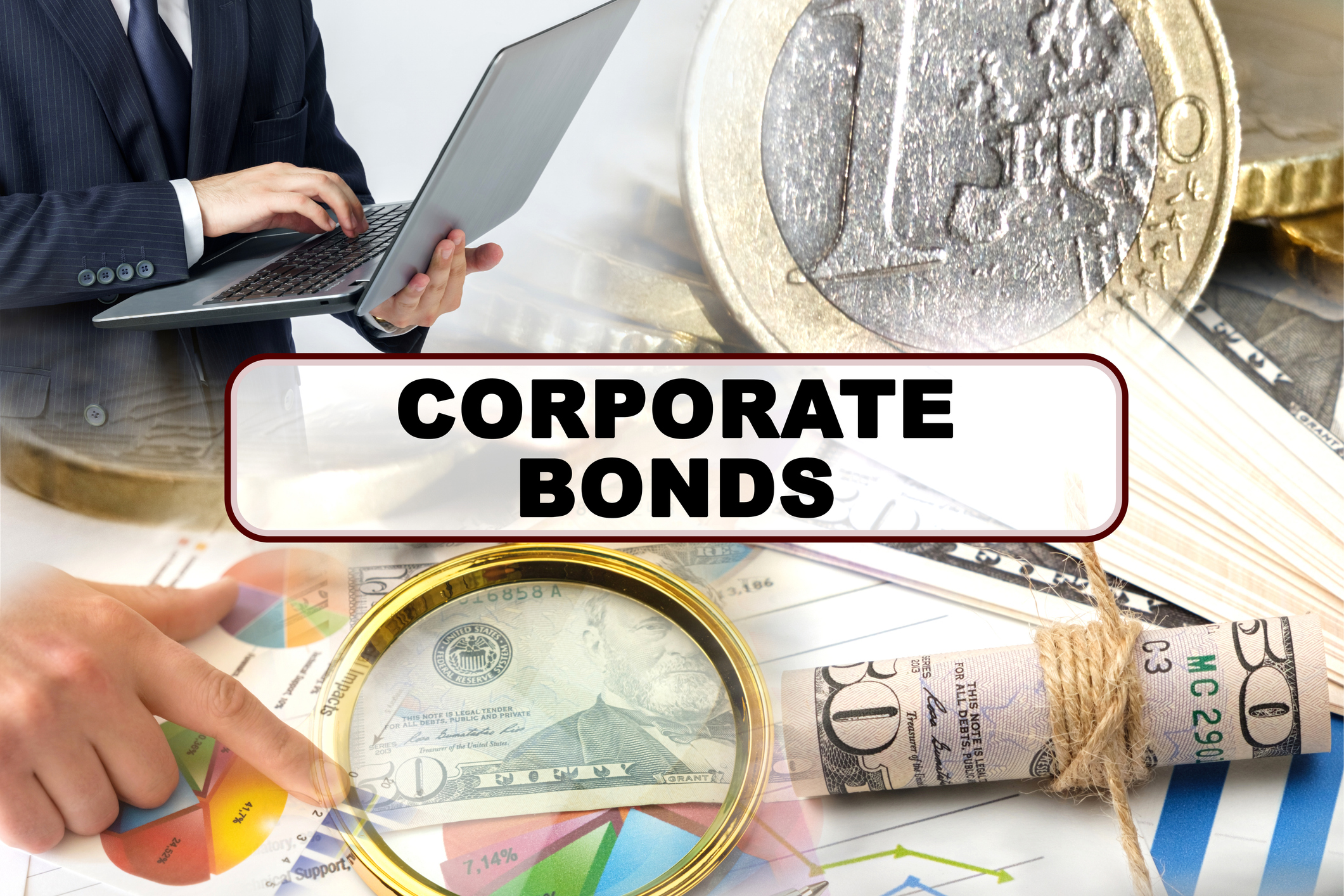 Photo collage of photographs on financial topics, the inscription in the center - CORPORATE BONDS