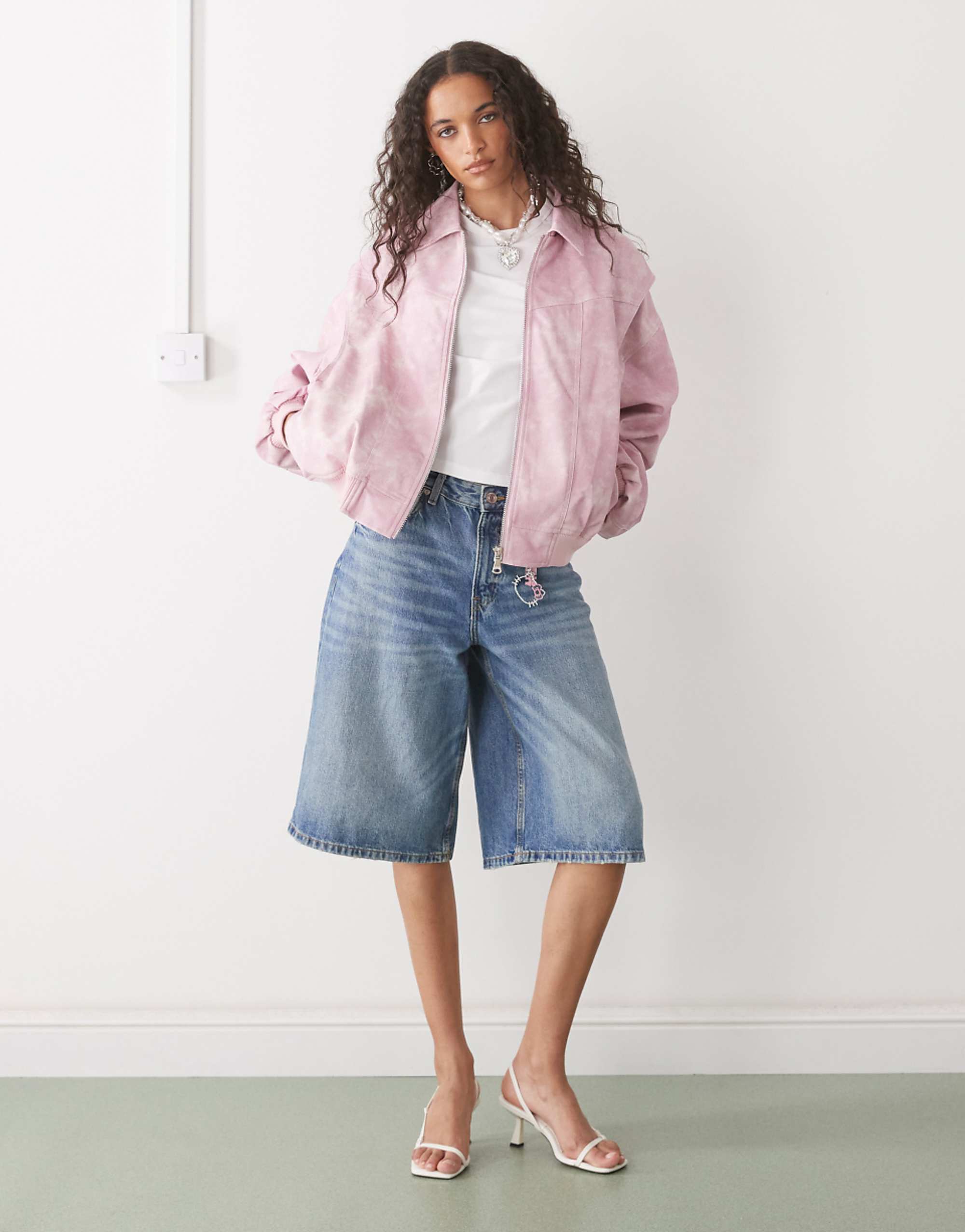 Lioness Exclusive Vista Leather Look Contrast Stitch Bomber Jacket in Pink
