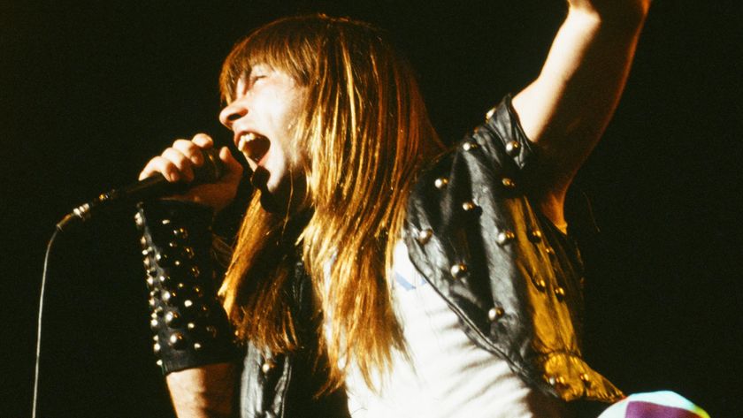 Bruce Dickinson singing onstage with Iron Maiden in 1982