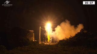 An Arianespace Soyuz rocket carrying the MetOp-C weather satellite launches into space from the Guiana Space Center in Kourou, French Guiana on Nov. 6, 2018.