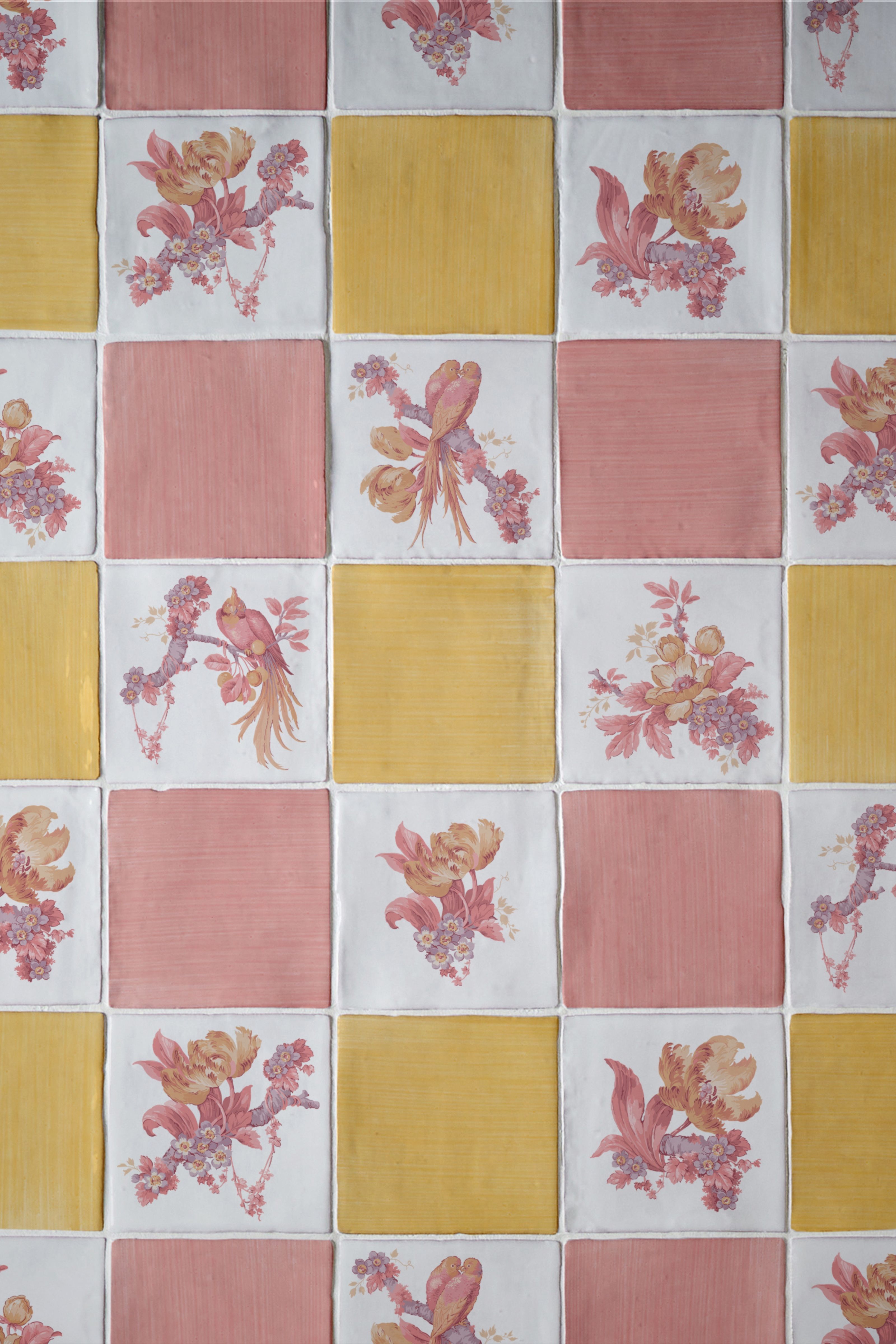 pink and yellow and lovebird patterned tiles