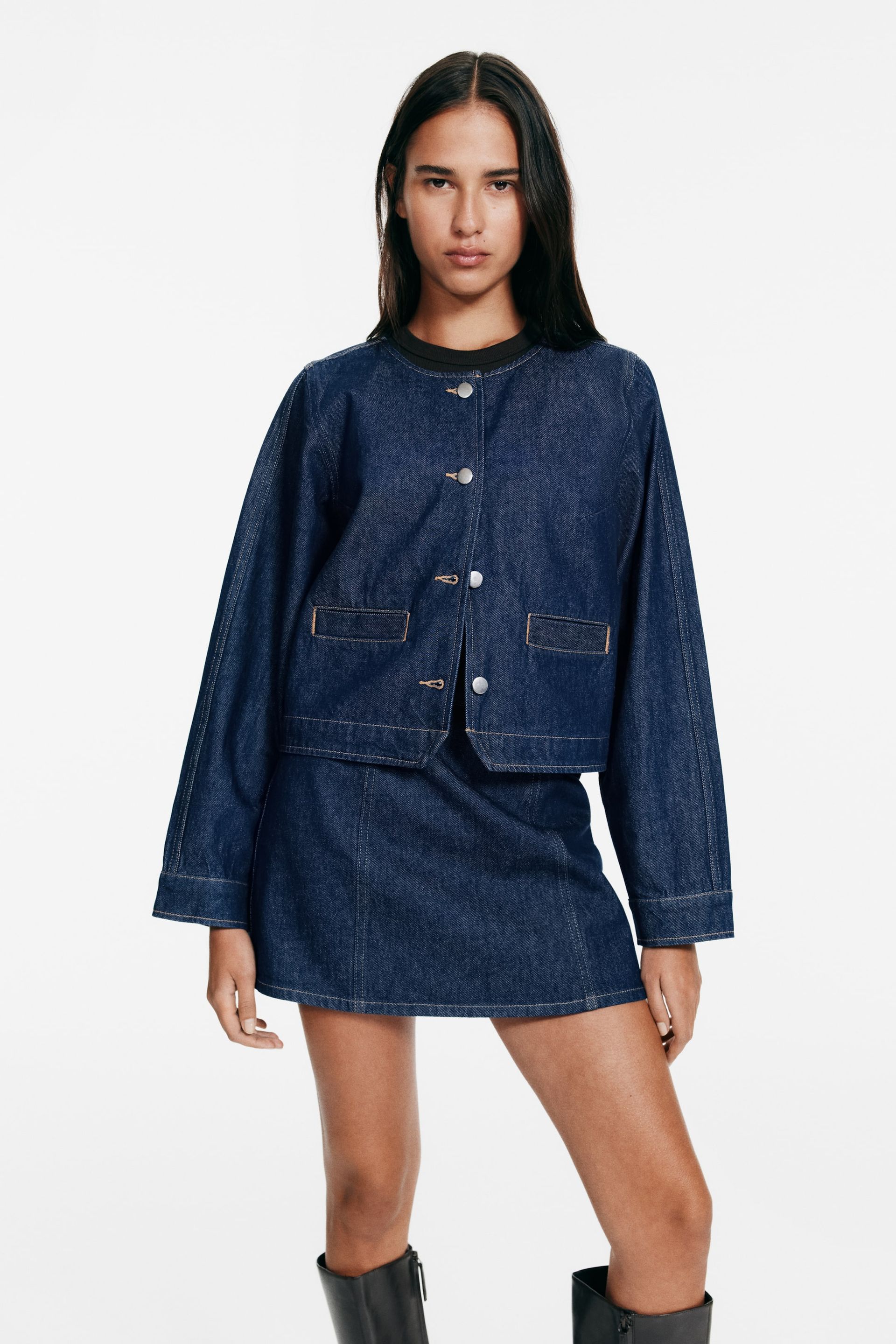 Collarless Denim Jacket - Dark Denim Blue