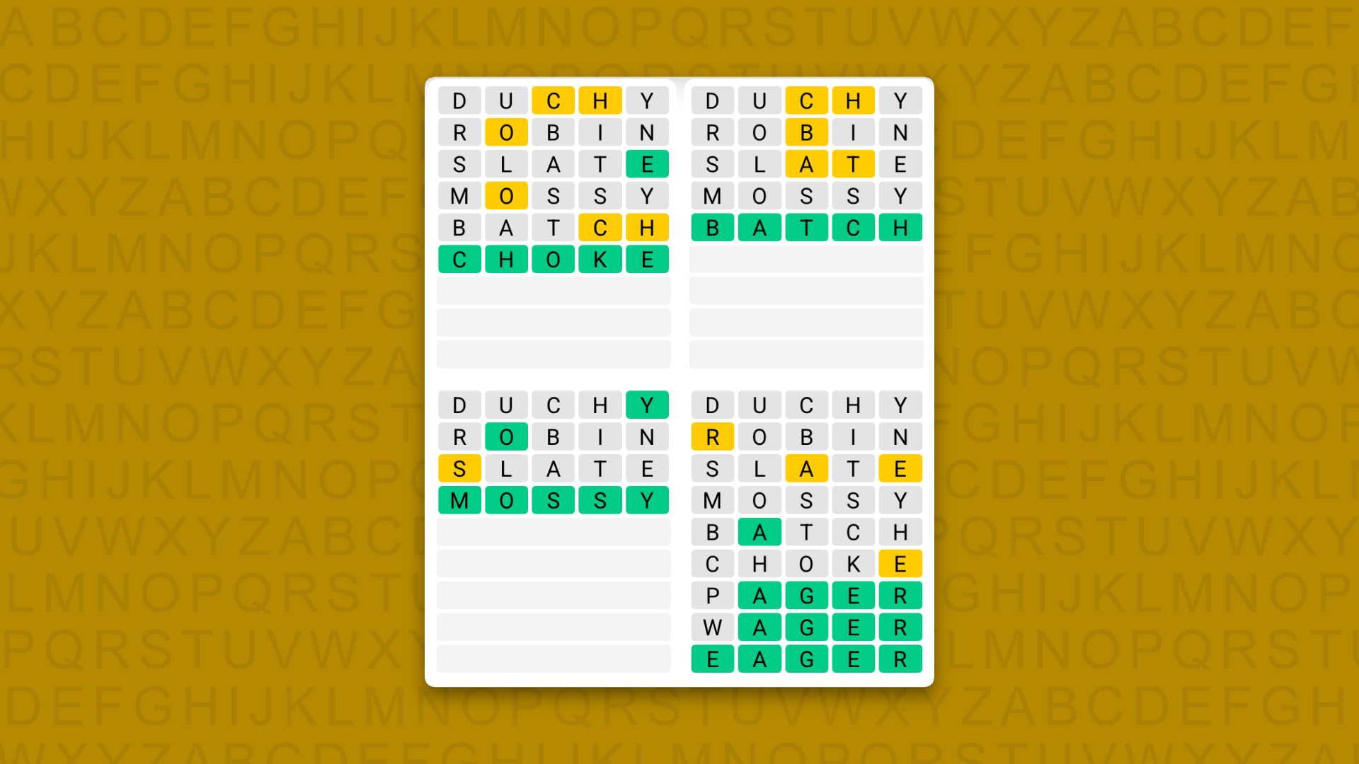 Quordle answers for game 1710 on a yellow background