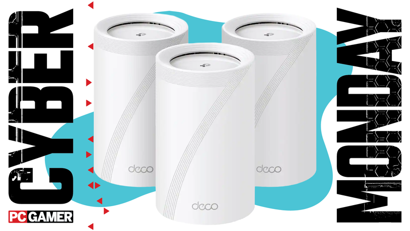 A router on a blue Cyber Monday background.