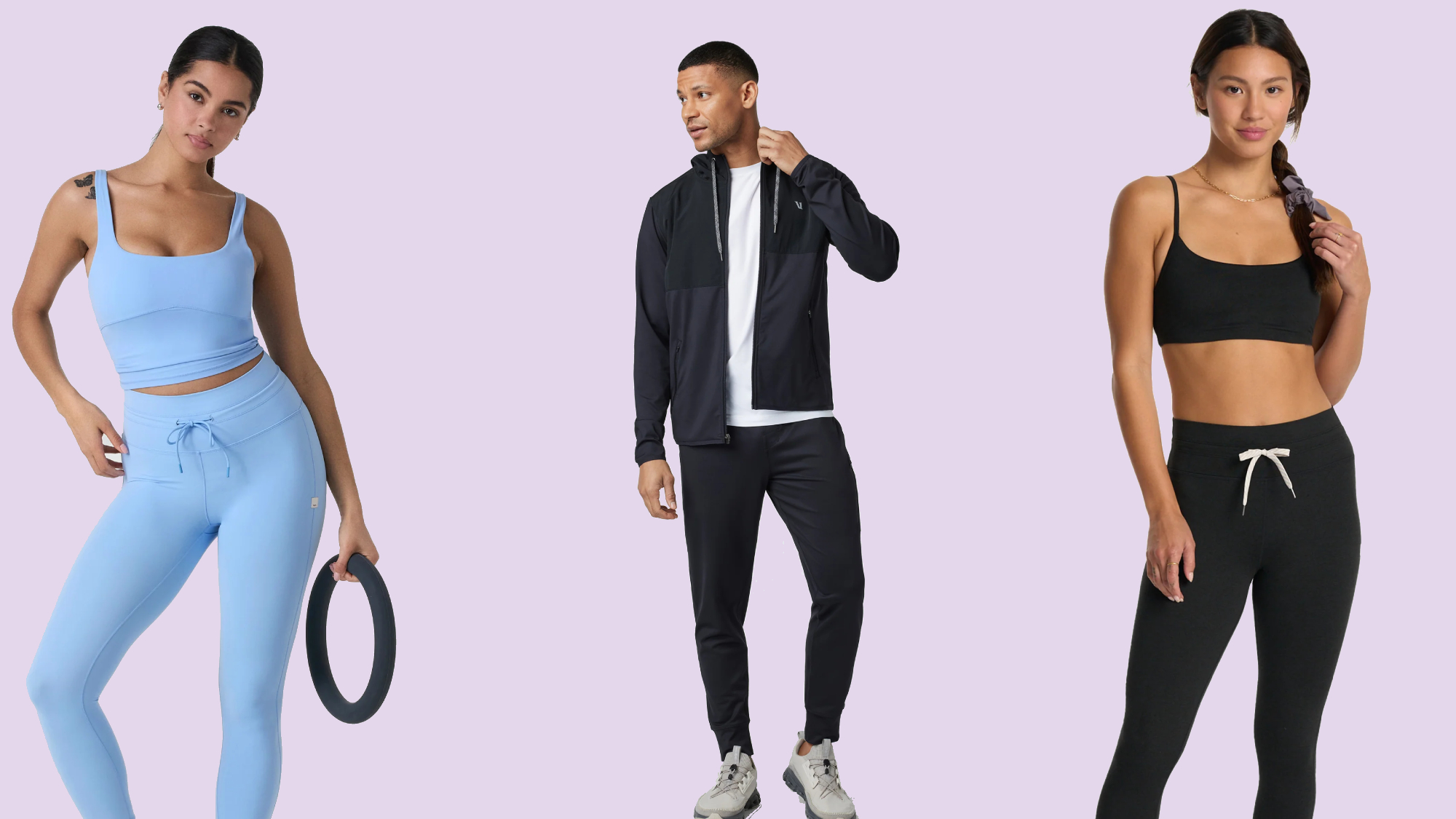 Two women and a man wearing Vuori apparel