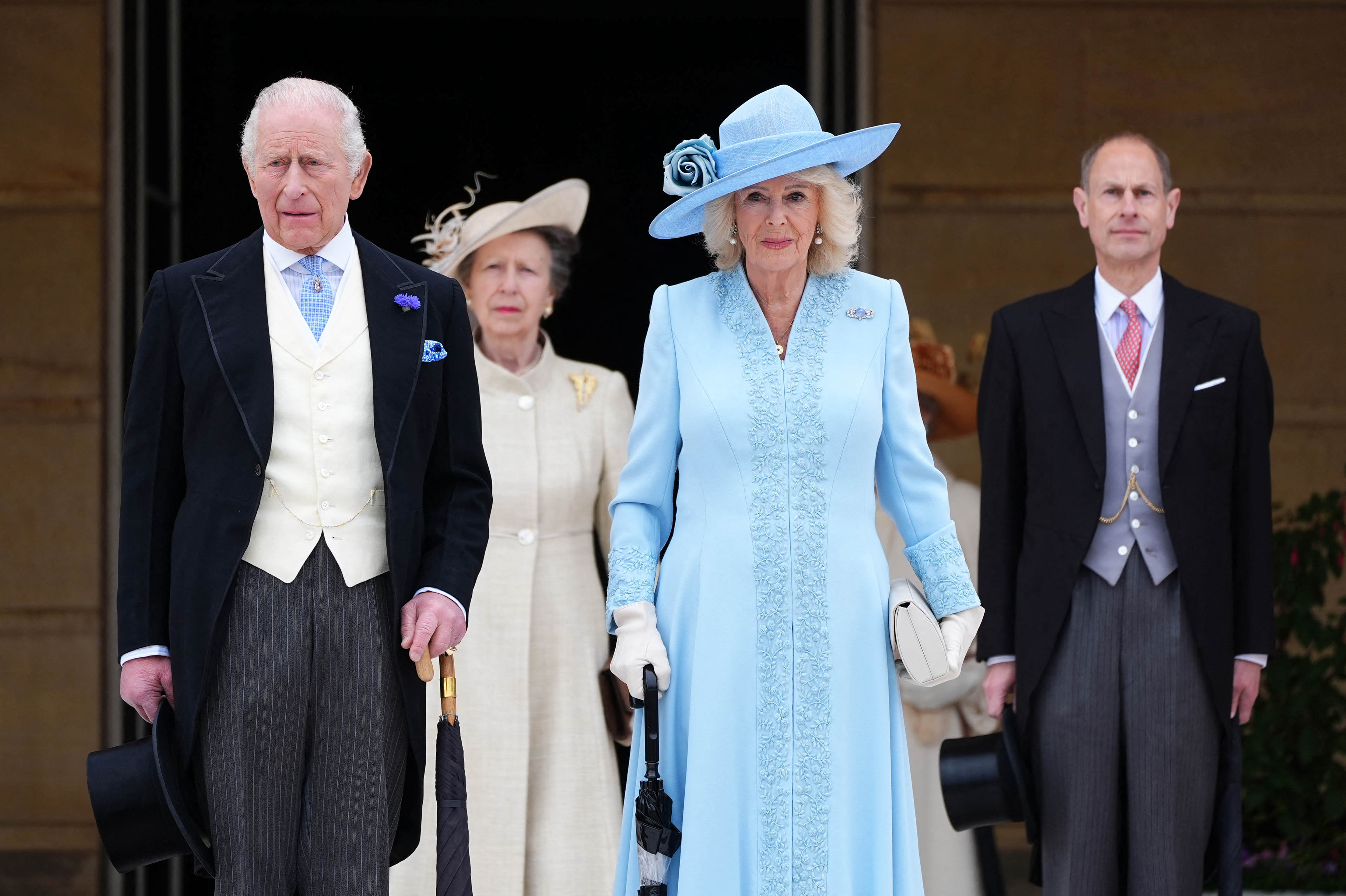 King Charles III and Queen Camilla, along with Princess Anne, Princess Royal and Prince Edward, Duke of Edinburgh attend a Garden Party at Buckingham Palace (Photo by Aaron Chown / POOL / AFP)