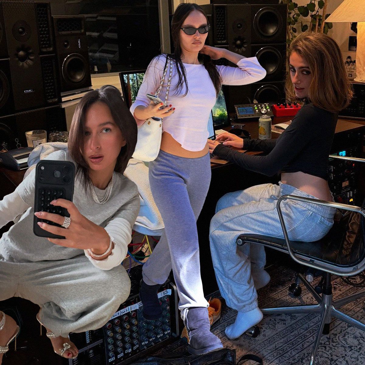 Collage of Gen Z wearing grey sweatpants with different wrong shoes.